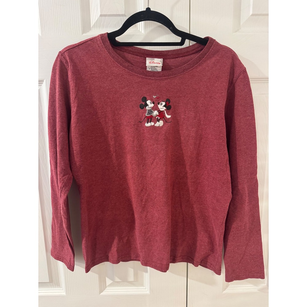 Vintage Disney Store Mickey Minnie Mouse Embroidered Red Long Sleeve Shirt M